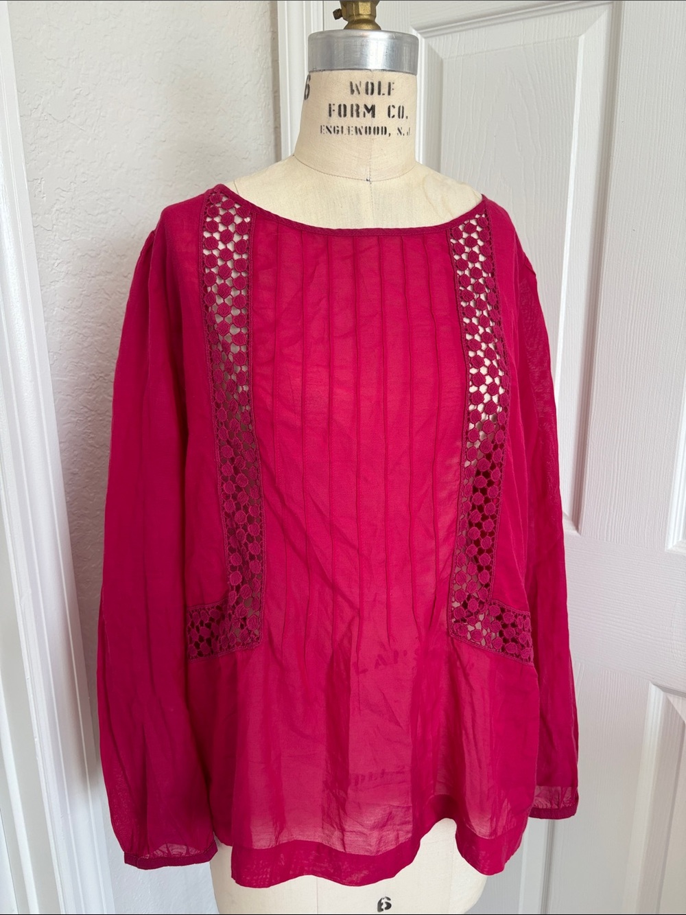 LOFT Fuchsia Crochet-Panel Sheer Blouse